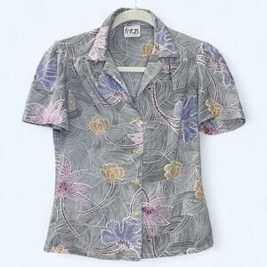 Vintage 70s Fritzi Black Floral Blouse | Short Sleeve Button-Up | Women’s XS–S